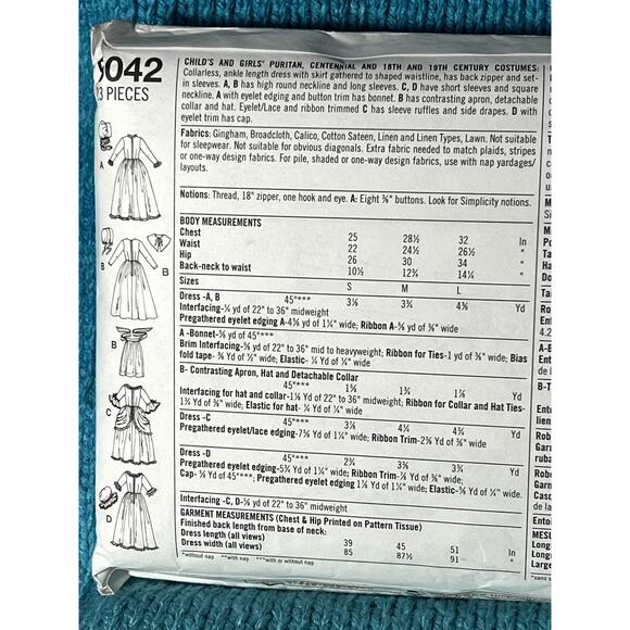 Simplicity 5042 pattern Girls Puritan centennial 18th 19th century dress S M L - Picture 4 of 6